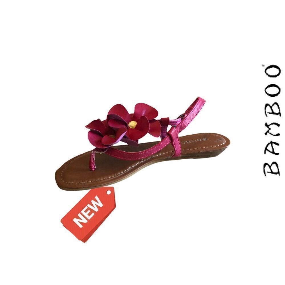 Bamboo Leather Flower‎ Embellished Sandals, Fuchsia/Adjustable Buckle NWO…